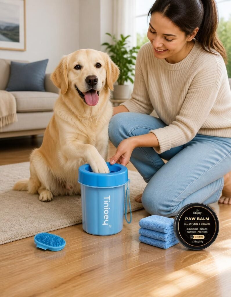 Tinioey paw cleaner with handle being used one-handed on a golden retriever's paw