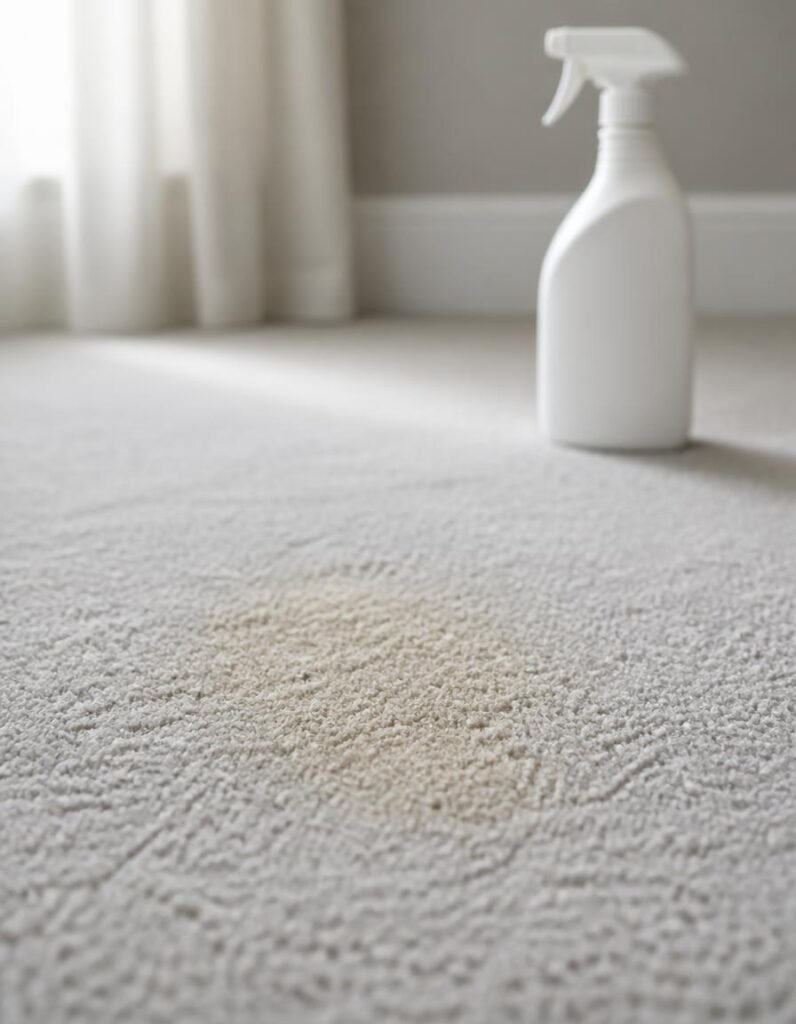 Close-up of pale carpet where a dog urine stain has soaked in