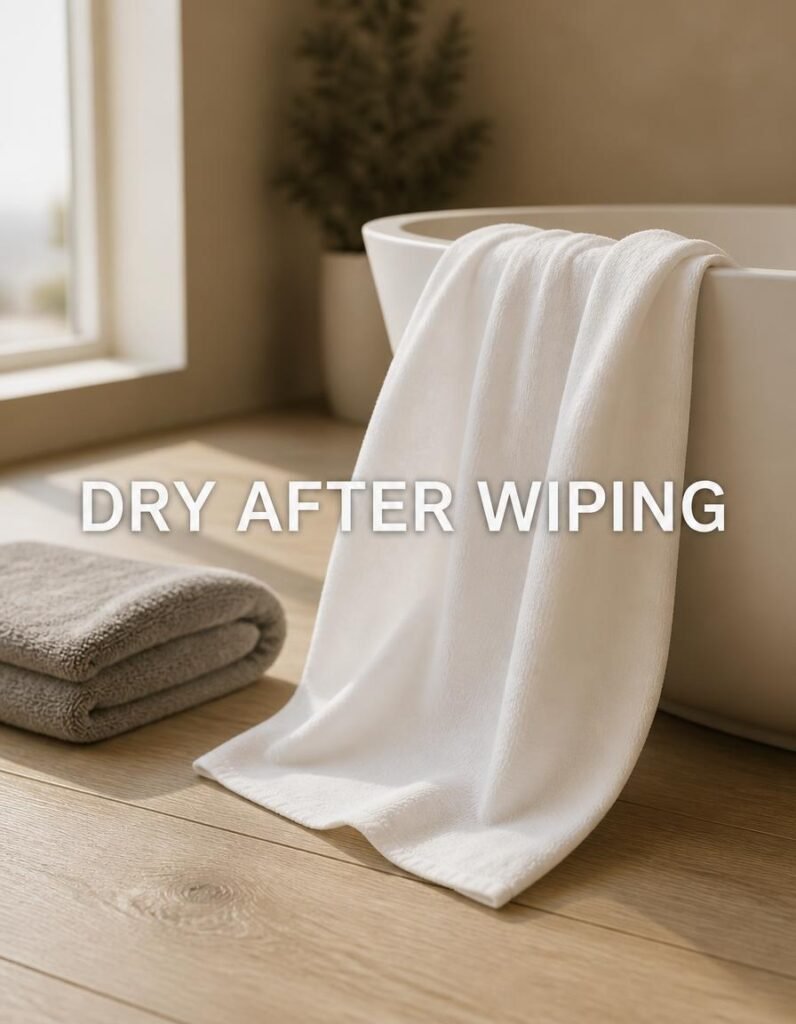 A clean towel laid out on a wooden floor for drying a dog after wiping