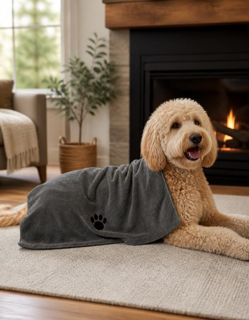 Bone Dry extra large pet grooming towel wrapped around a wet goldendoodle by a fireplace
