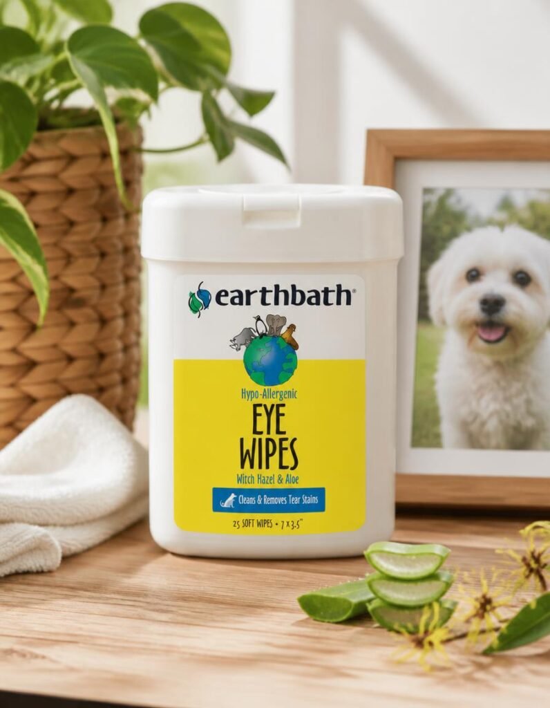 Earthbath hypo-allergenic pet eye wipes canister beside a small white dog