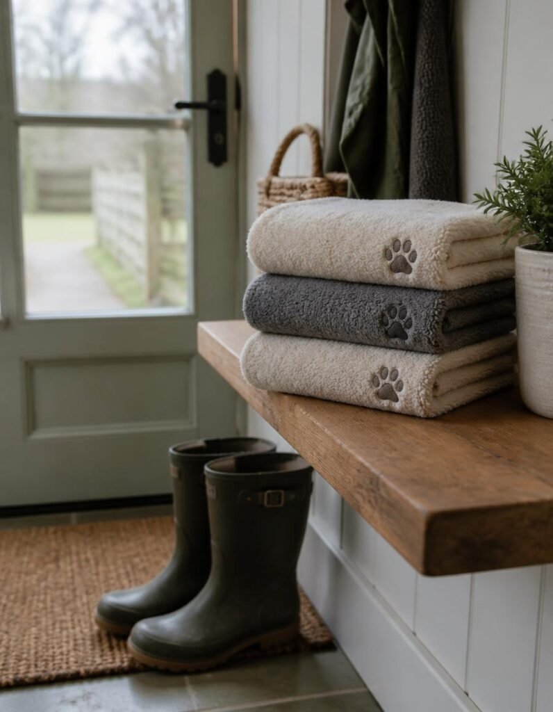 Folded dog drying towels stacked on a bench by the back door beside wellington boots
