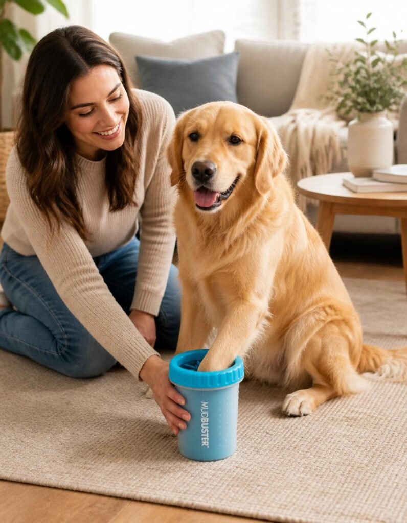Dexas MudBuster medium paw cleaner being used on a golden retriever's paw in a living room