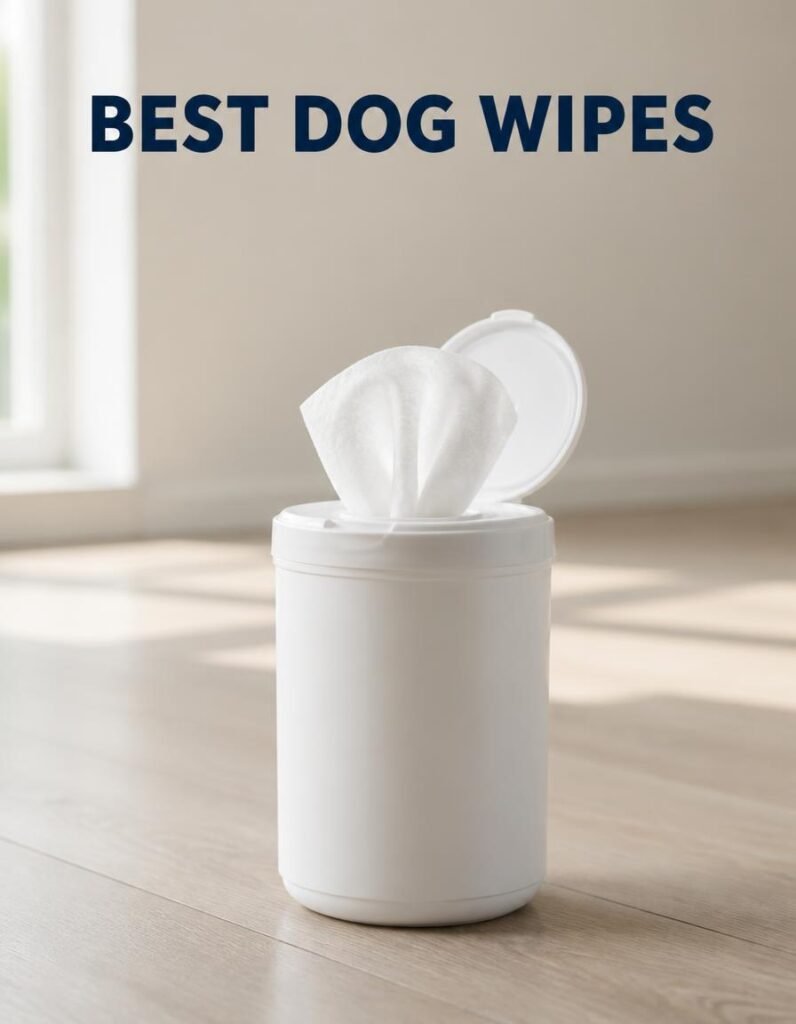 Canister of dog grooming wipes standing on a wooden floor