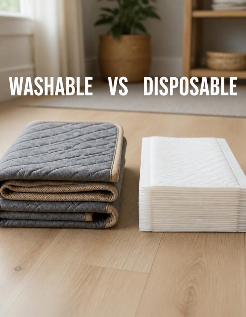 A folded grey washable pee pad next to a stack of white disposable pads