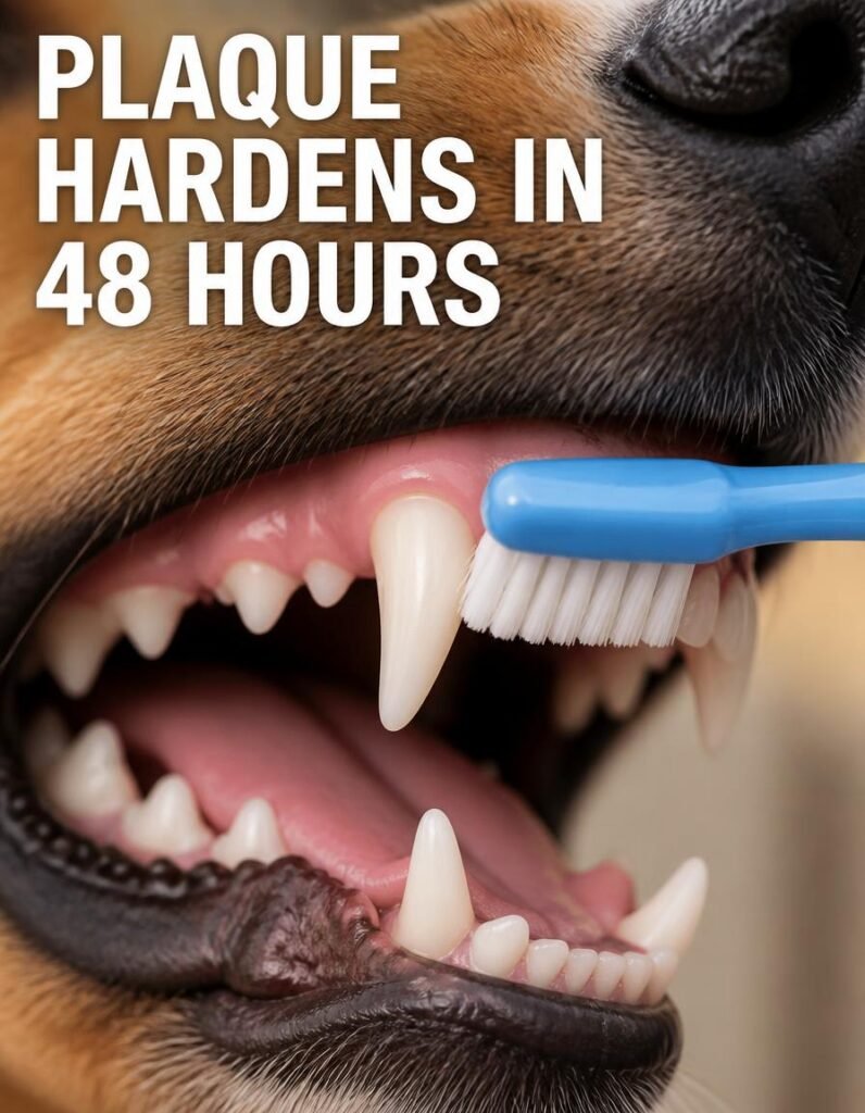 Close-up of a dog's teeth being brushed with a blue toothbrush