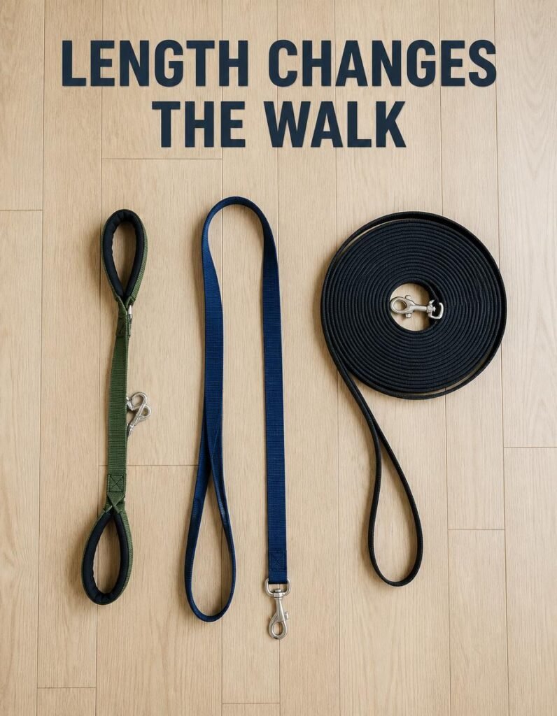 Three dog leashes of different lengths laid side by side on a wooden floor