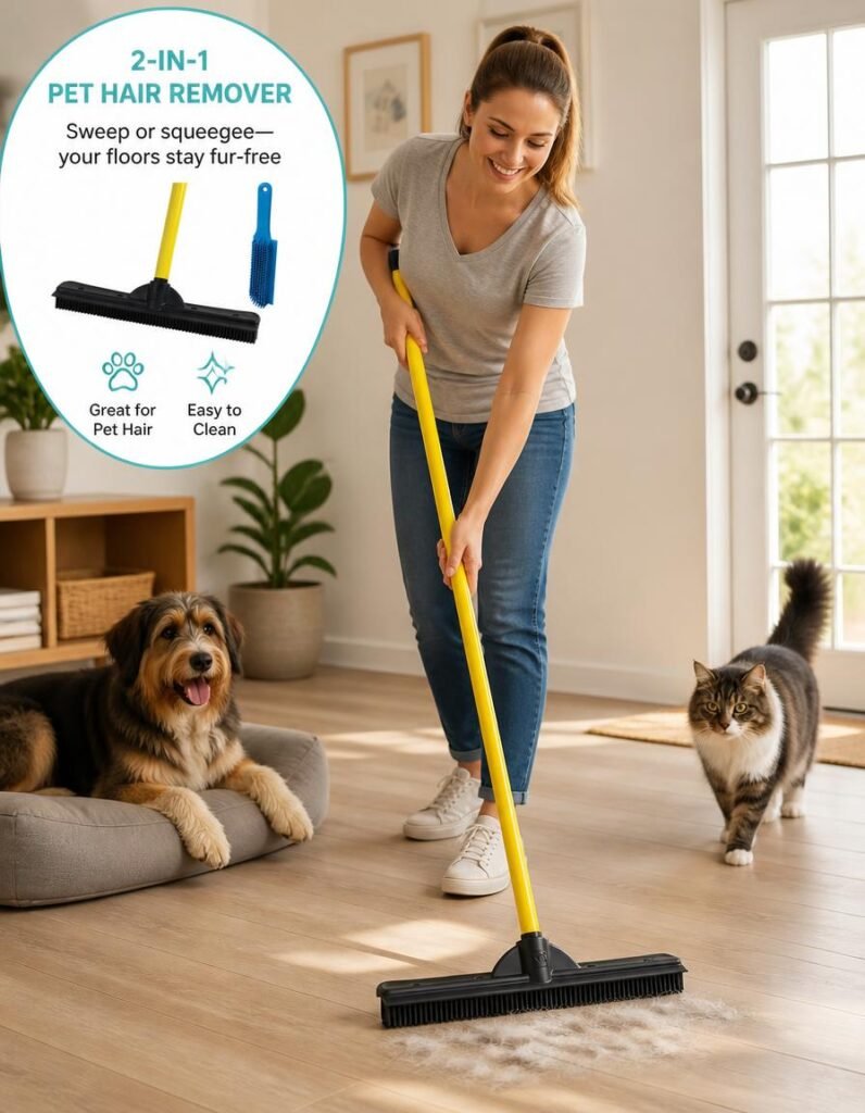 Woman sweeping pet hair off a hardwood floor with a FURemover rubber broom while a dog and cat look on