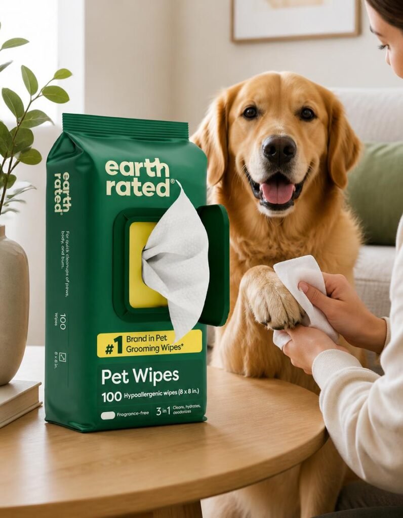 Earth Rated unscented dog wipes box with a golden retriever being wiped