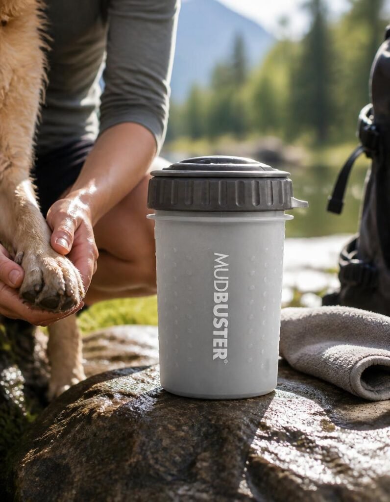 Dexas lidded MudBuster paw cleaner being used outdoors on a dog's paw