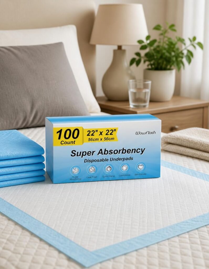 Amazon Basics leak-proof pee pads 22 by 22 inch 100 count pack with pads laid out on a floor