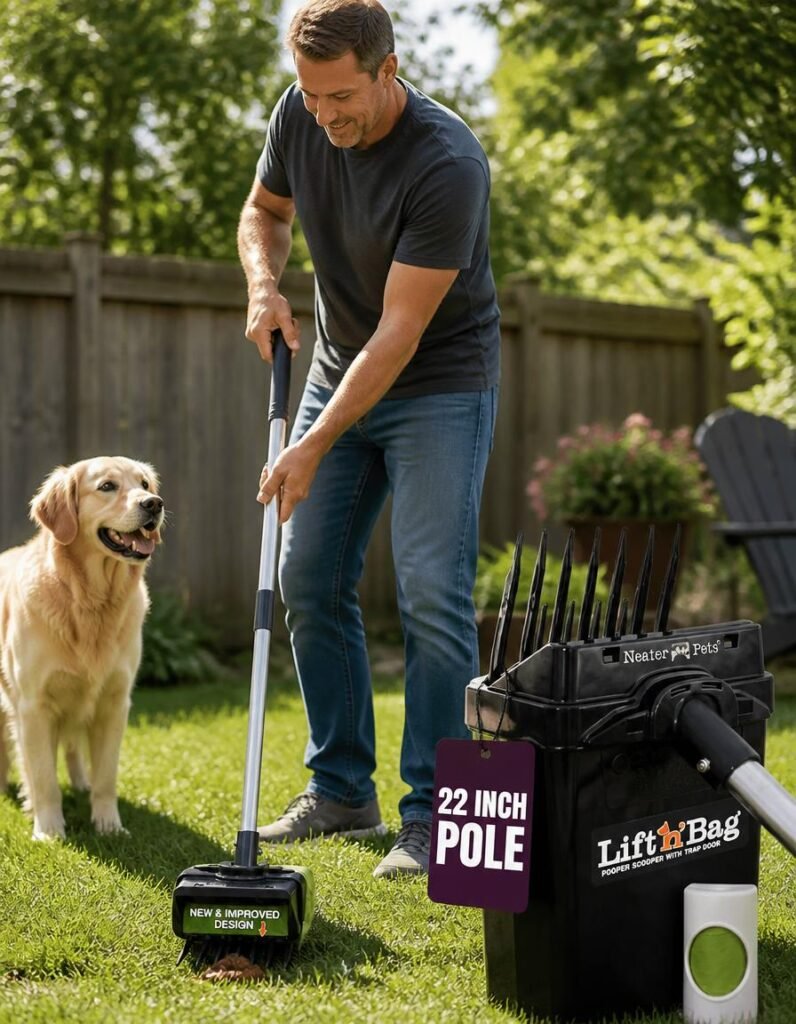 Neater Pets Lift N Bag 2.0 pooper scooper with a 22 inch pole being used on a lawn