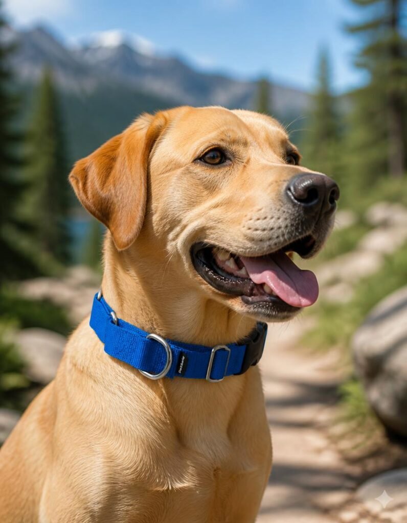 PetSafe martingale collar with quick-snap buckle worn by a golden retriever on a mountain trail