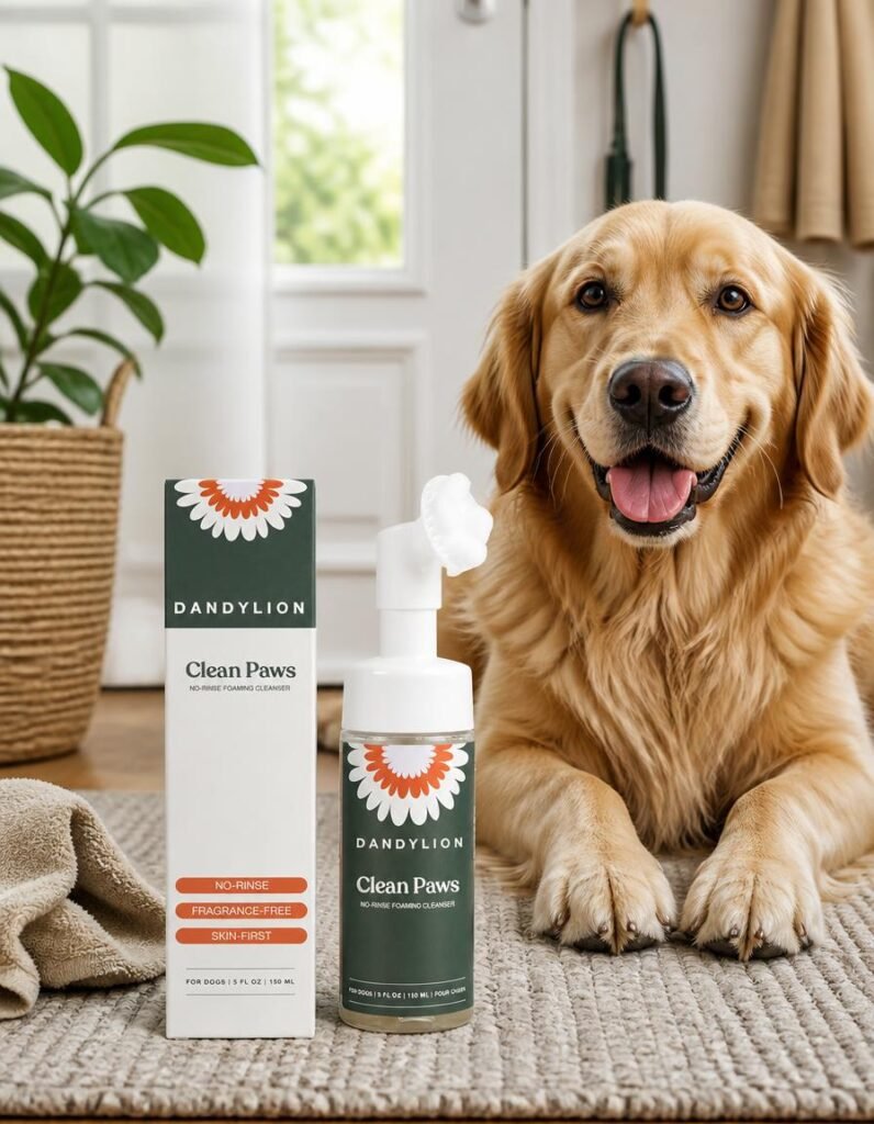 Dandylion Clean Paws no-rinse foam bottle and carton beside a golden retriever