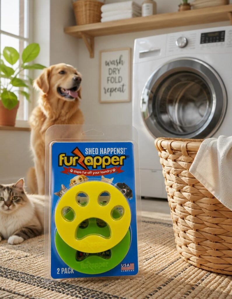 FurZapper 2-pack laundry pet hair remover in its packaging in front of a washing machine with a golden retriever nearby