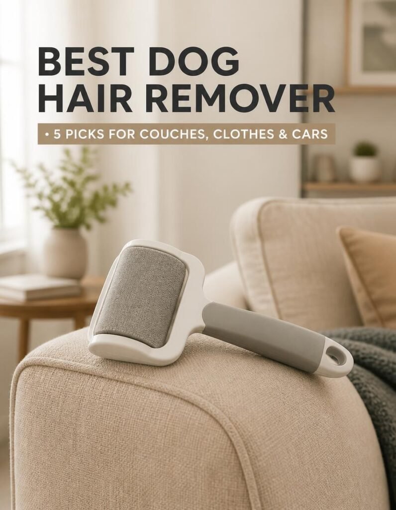 Grey dog hair remover brush resting on the arm of a beige sofa, titled Best Dog Hair Remover, 5 picks for couches, clothes and cars