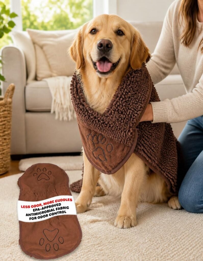 Dog Gone Smart Dirty Dog Shammy towel wrapped around a golden retriever