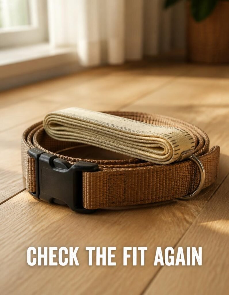 A tan webbing dog collar with a black buckle coiled on a wooden floor