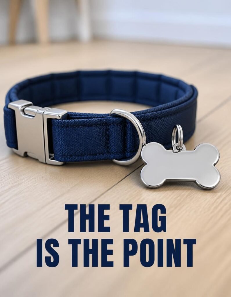 Navy padded dog collar with a metal buckle and a bone-shaped ID tag