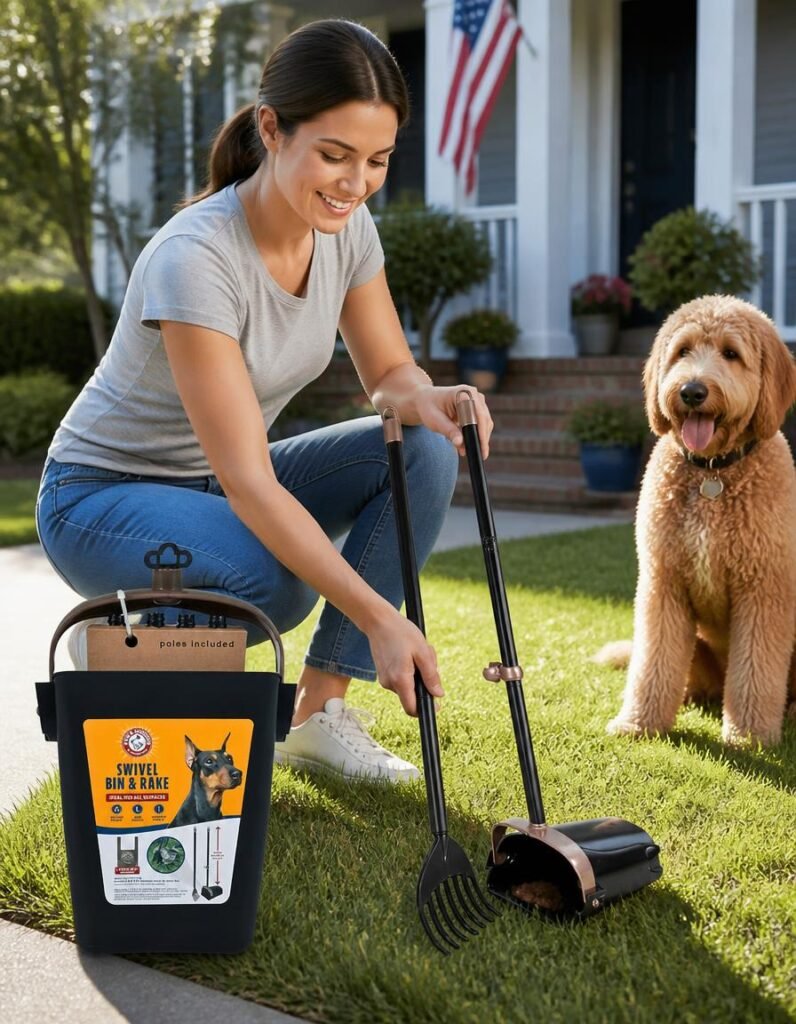 Arm and Hammer Swivel Bin and Rake pooper scooper being used on a front lawn beside a goldendoodle