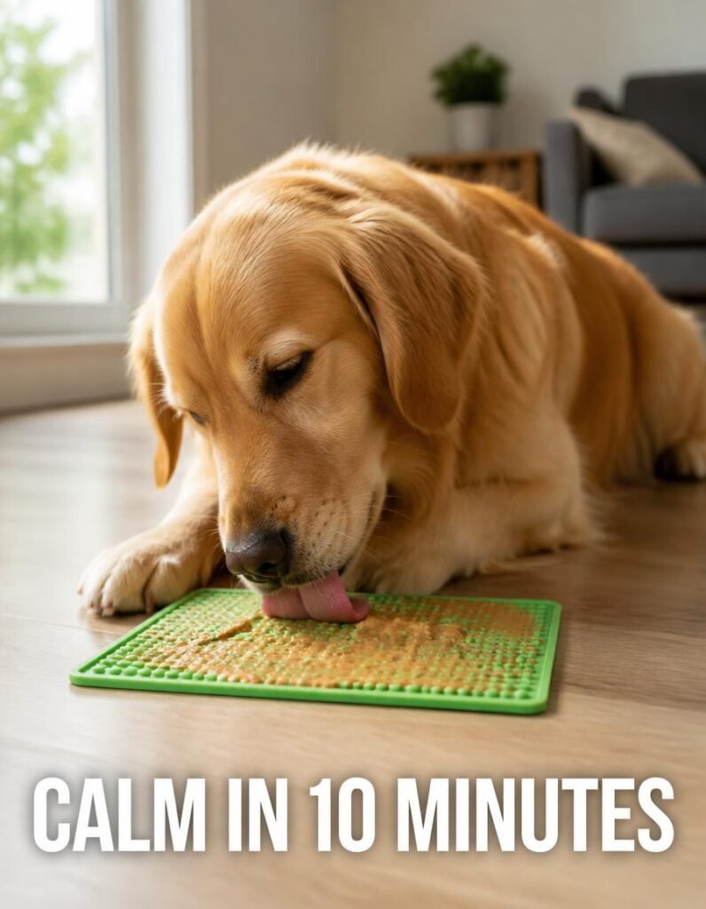 Golden retriever licking a green lick mat
