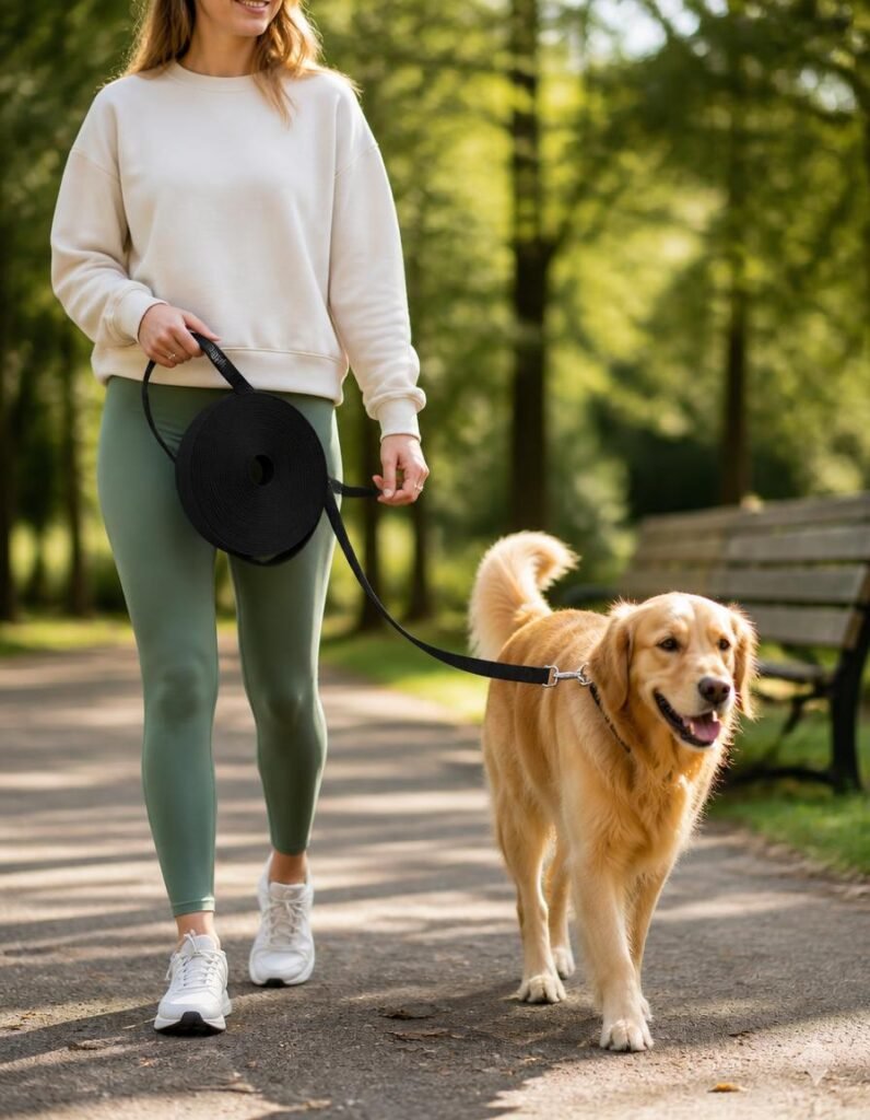 Hi Kiss thirty foot long training lead coiled in hand during recall practice with a golden retriever