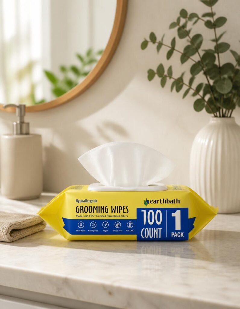 Earthbath hypo-allergenic grooming wipes 100 count pack on a bathroom counter