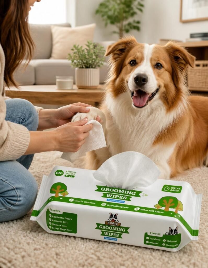 Pogi's fragrance-free grooming wipes pack beside a dog being wiped down