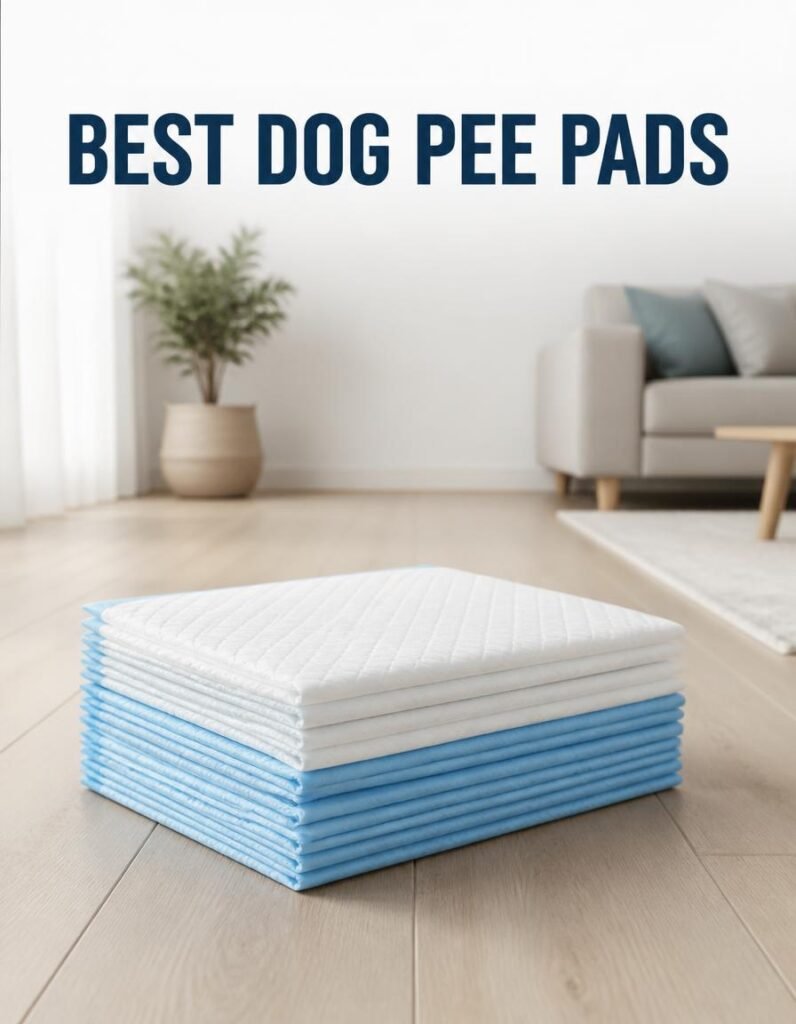 Stack of blue-backed puppy pee pads on a living room floor