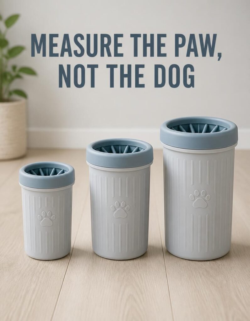 Three dog paw cleaner cups in small, medium and large sizes side by side
