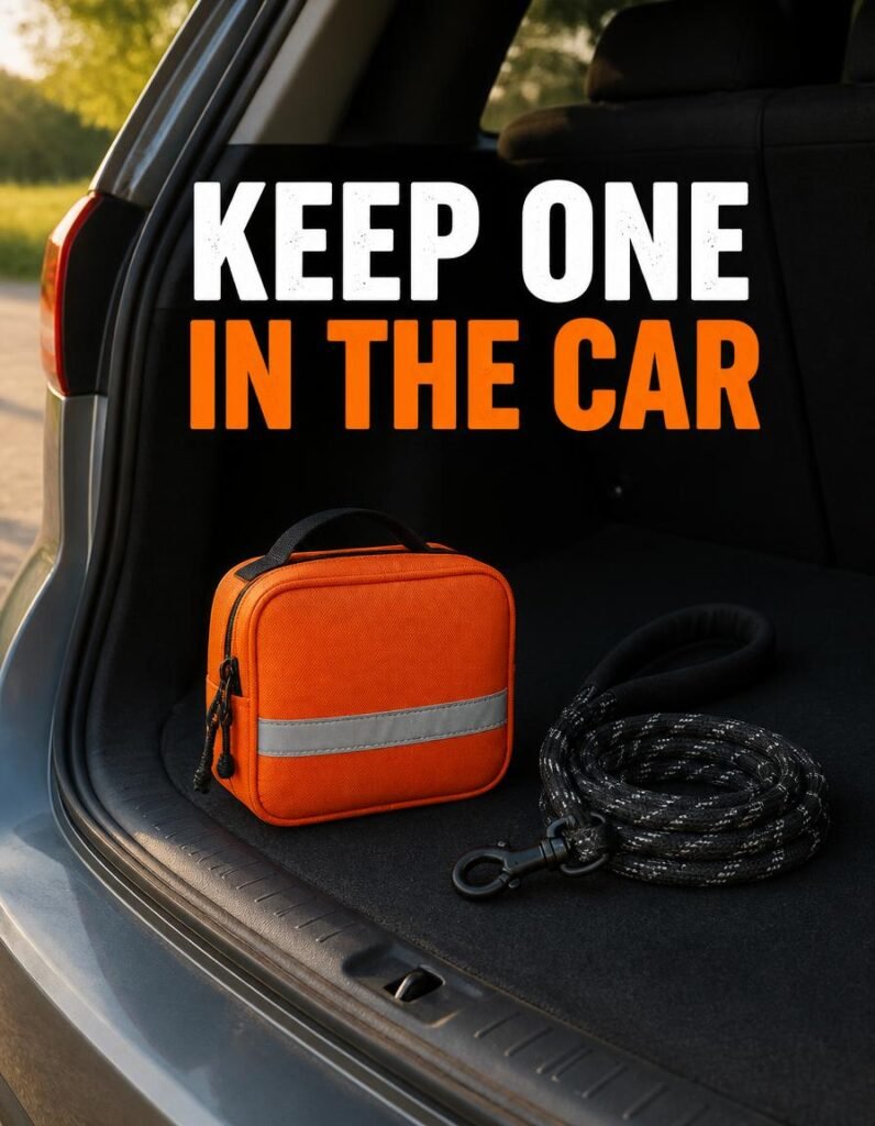 Orange dog first aid kit and a leash in a car boot, labelled In the Car