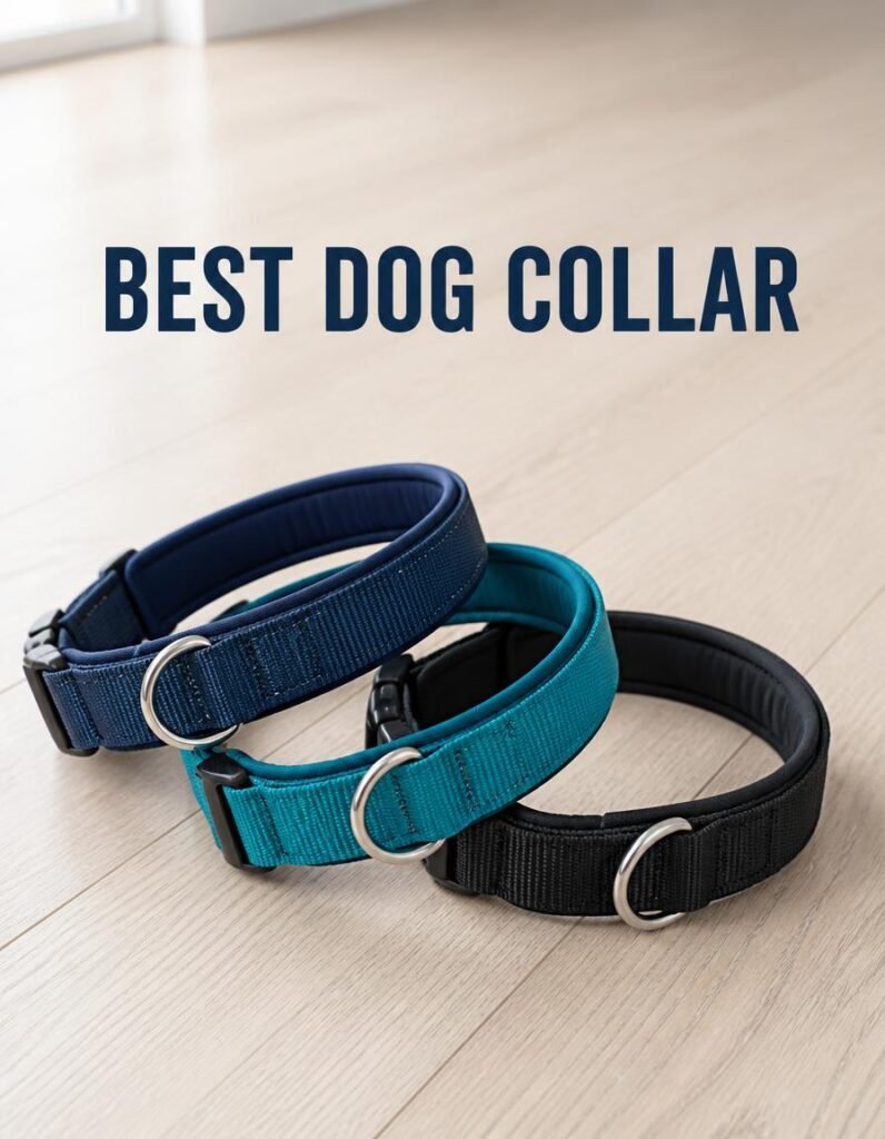 Navy and teal padded dog collars laid on a light surface