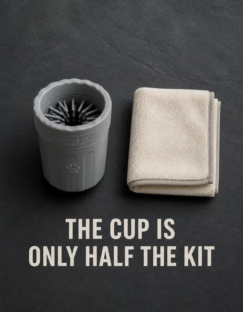 Grey dog paw cleaner cup next to a folded drying towel