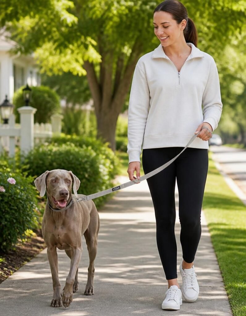 Fida heavy duty four foot leash with dual padded handles in use on a pavement walk