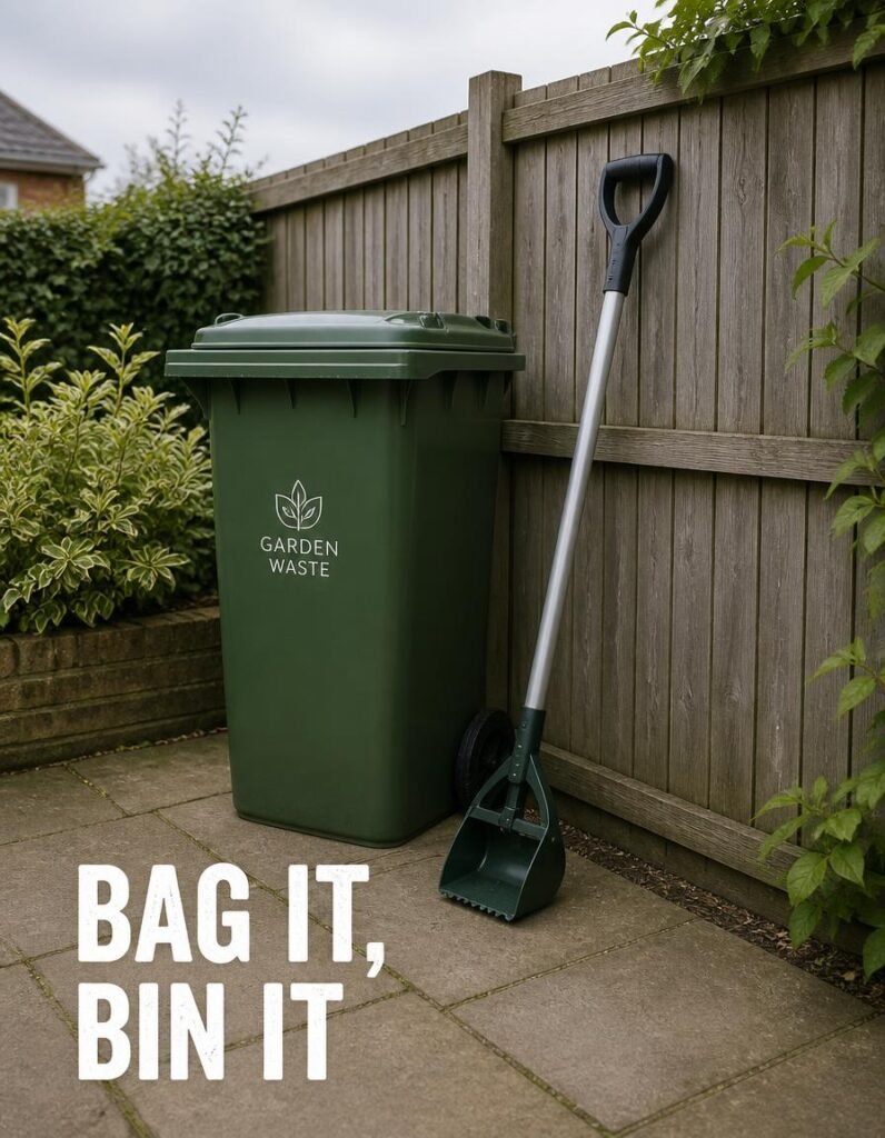 Green garden waste bin and a long-handled pooper scooper beside a fence