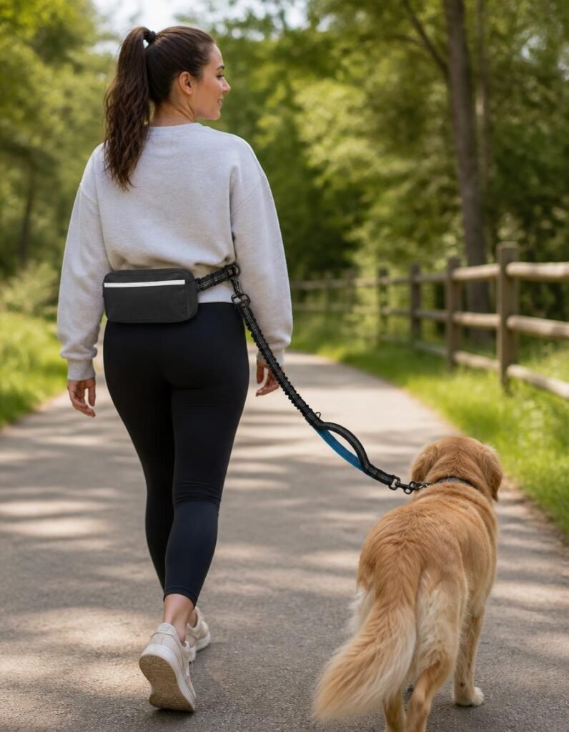 iYoShop hands free bungee leash with zipper pouch worn at the waist while running with a golden retriever