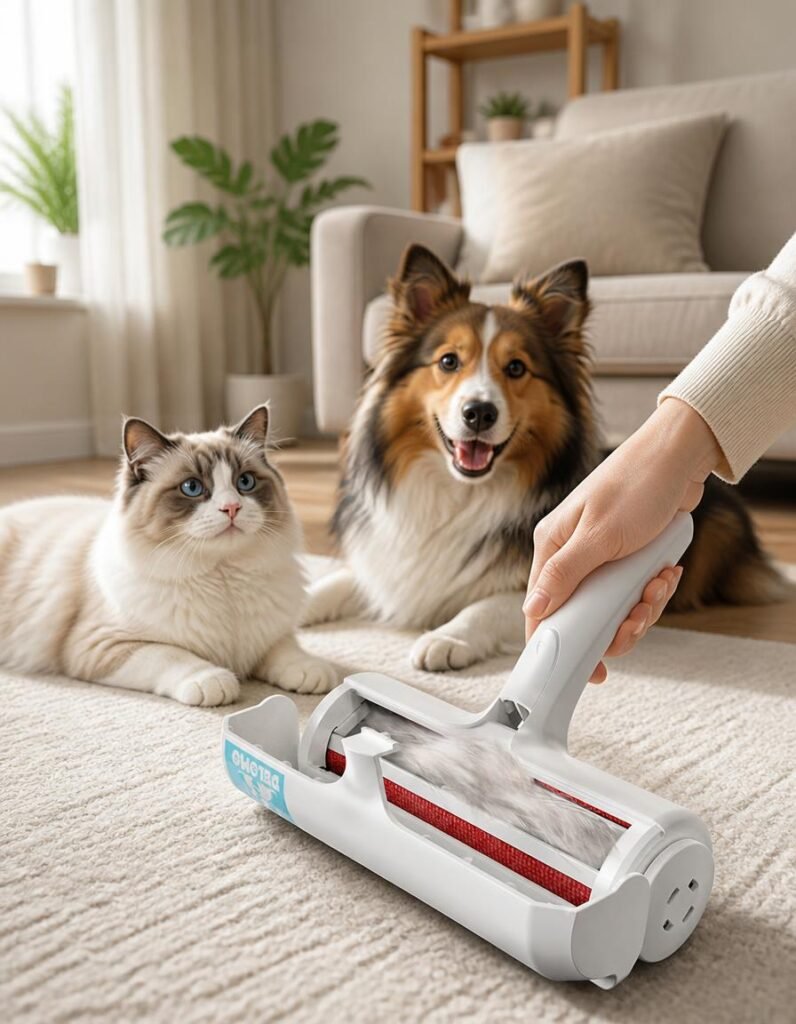 DELOMO pet hair remover roller filled with collected hair on a cream rug, with a dog and a cat watching