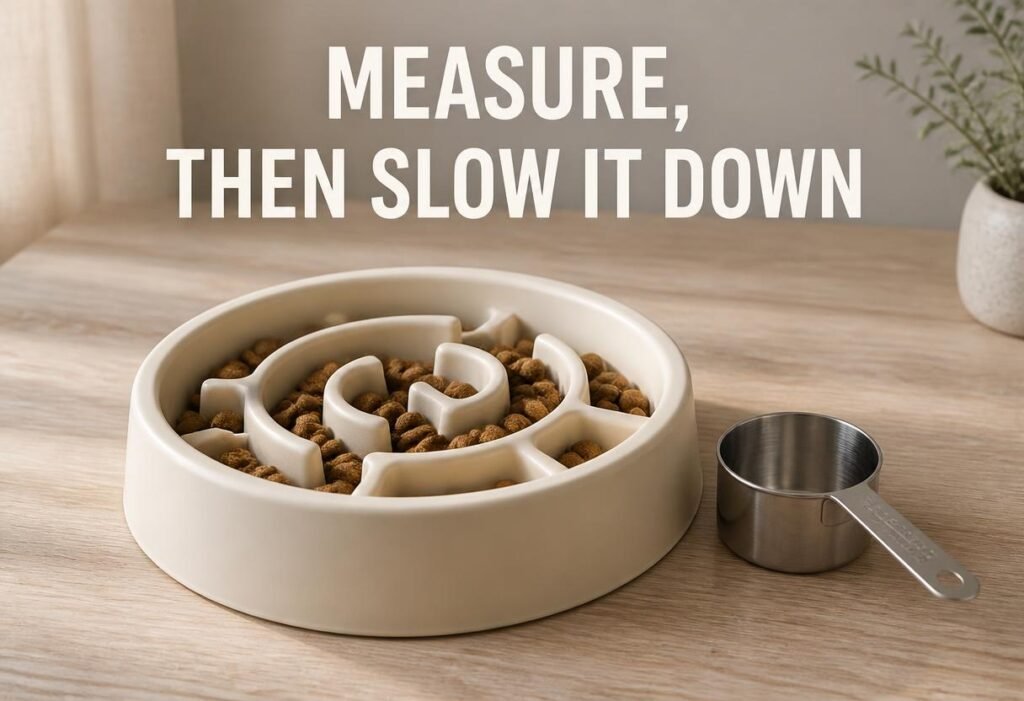 Slow feeder bowl filled with kibble beside a measuring scoop, labelled Measure Then Slow It Down