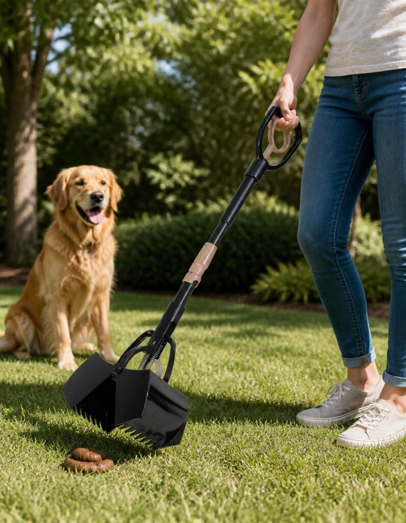 Arm and Hammer Claw Scoop lifting waste from grass while a golden retriever watches