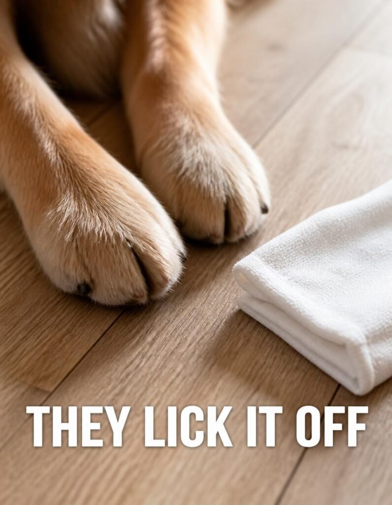 A dog's front paws beside a used grooming wipe on a wooden floor
