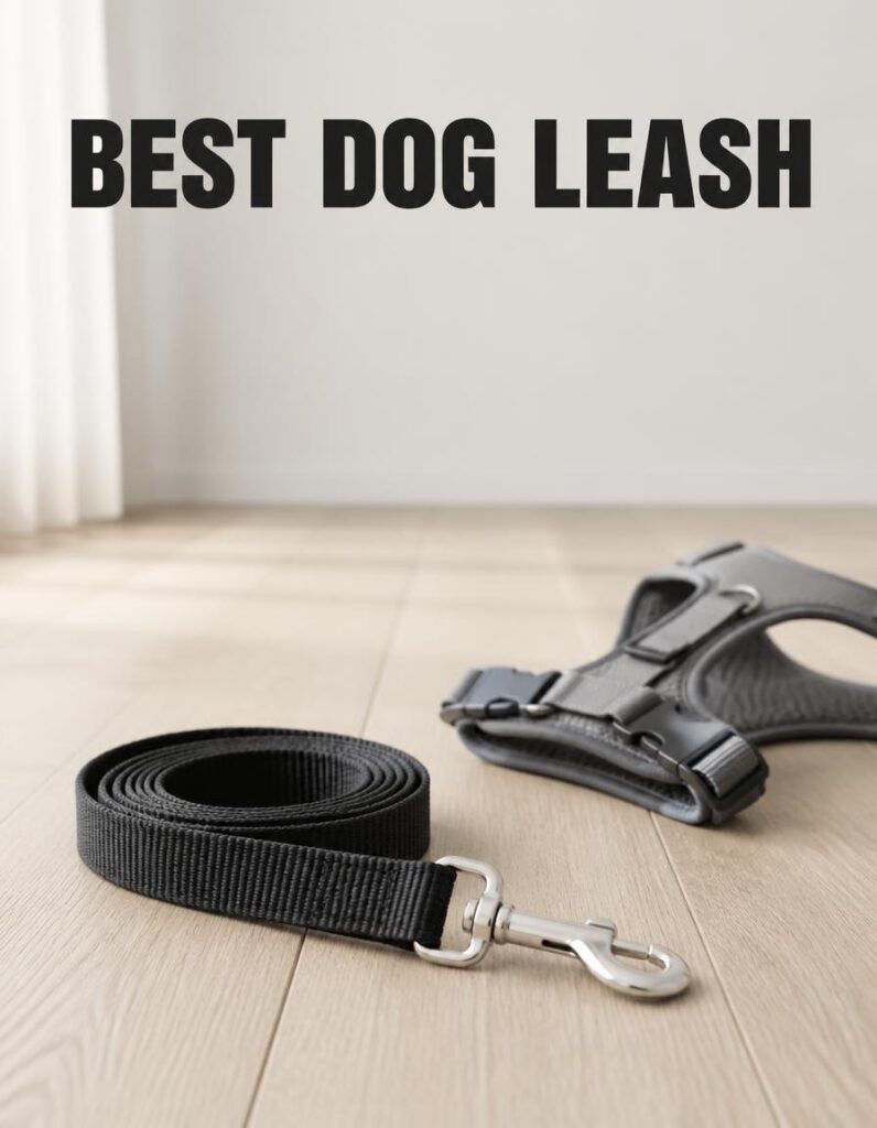 Black dog leash coiled beside a harness on a wooden floor