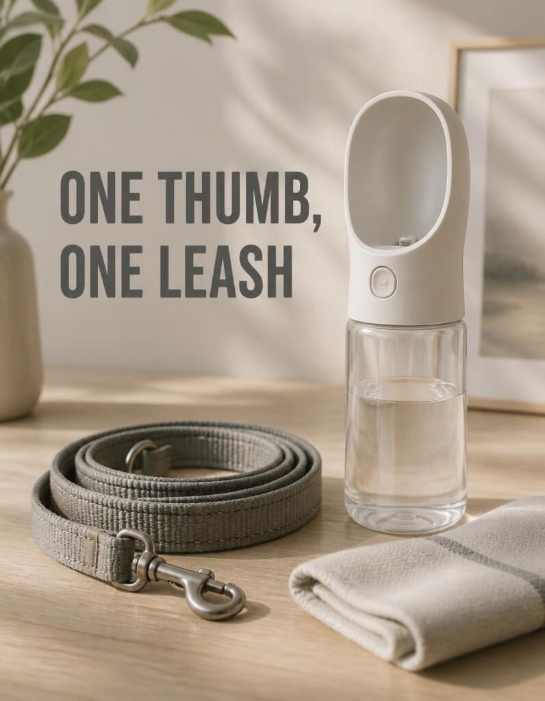 Portable dog water bottle beside a coiled leash, labelled One Hand, One Leash