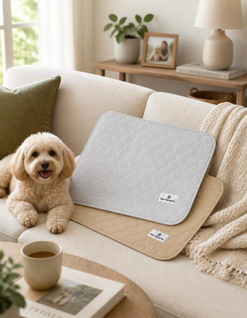 Pet Parents Pawtect washable pee pad on a sofa with a small dog resting beside it