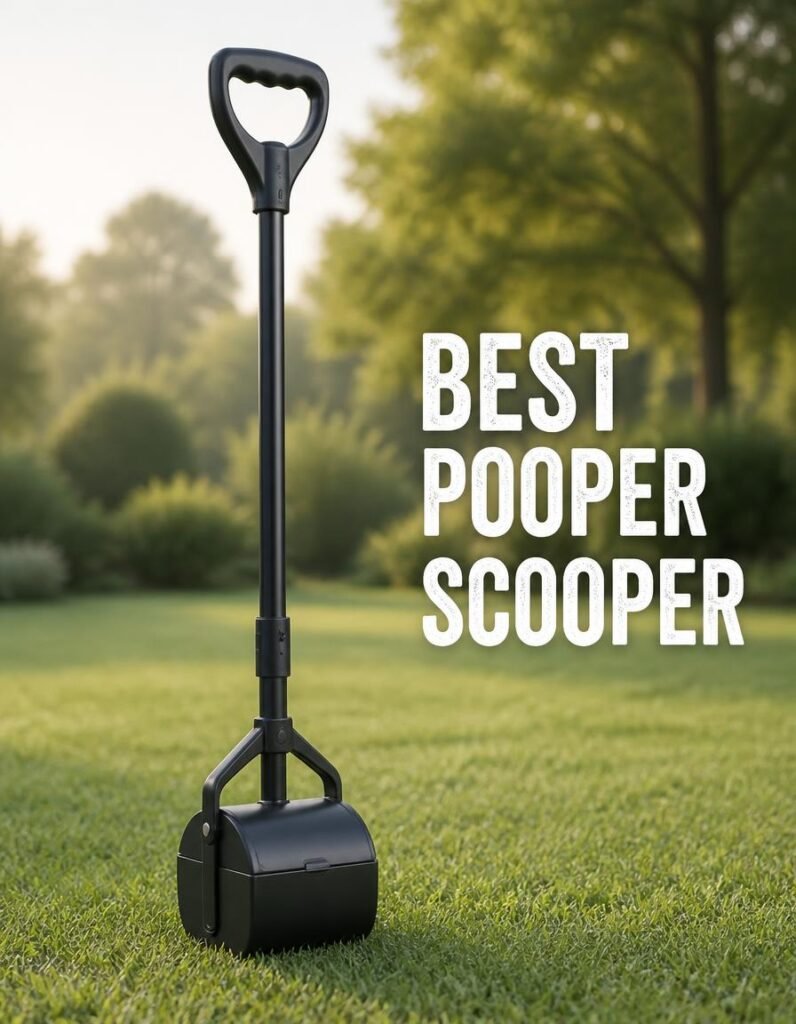Long-handled pooper scooper standing on a sunlit lawn