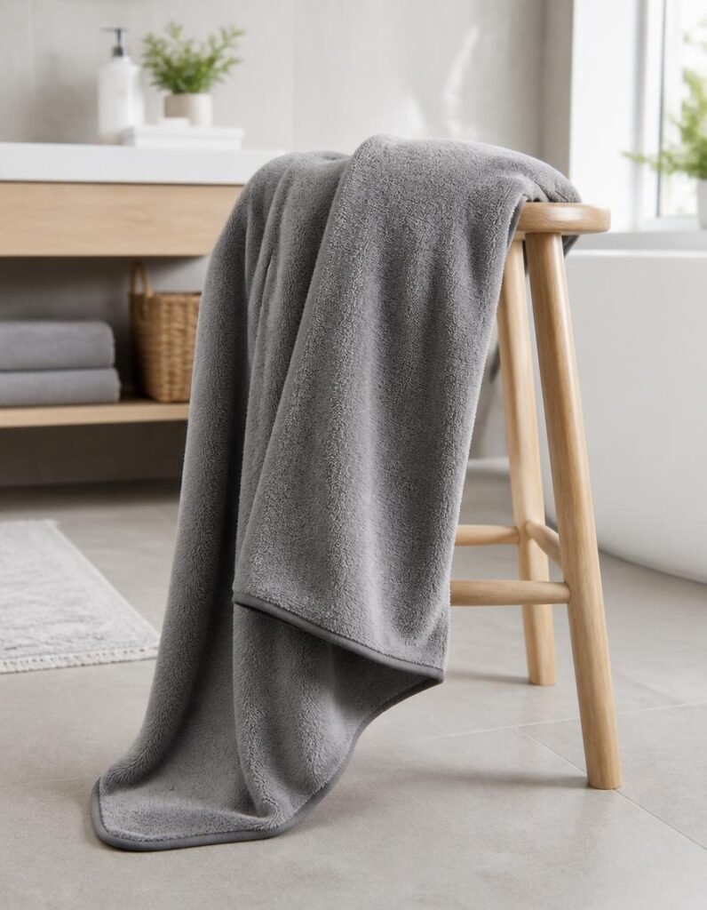Large grey microfiber dog drying towel draped over a wooden stool