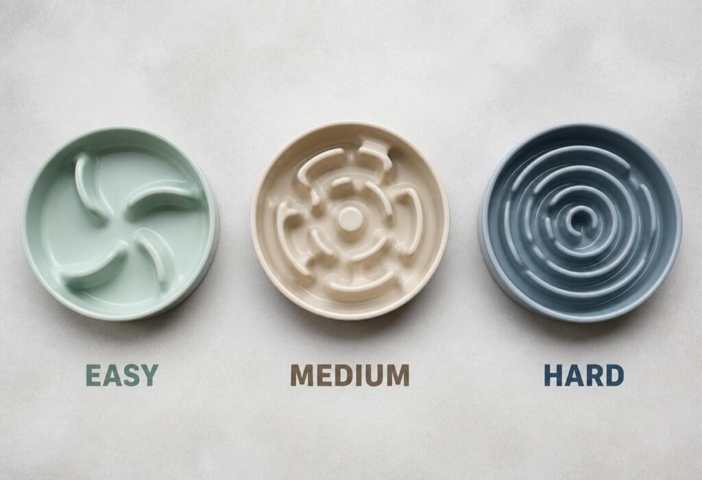 Three slow feeder dog bowls labelled Easy, Medium and Hard