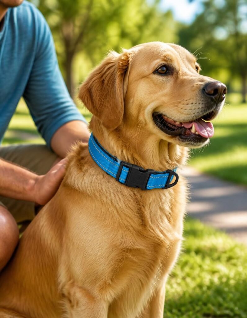 Joytale reflective neoprene-padded collar worn by a golden retriever outdoors