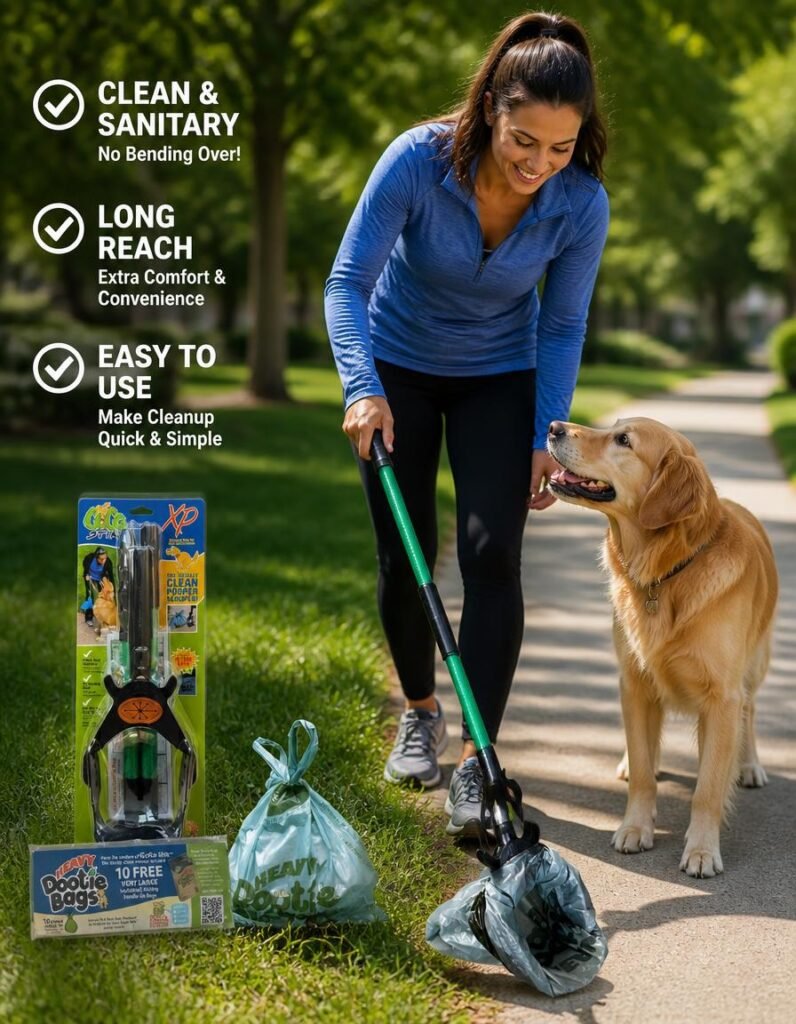 GoGo Stik XP pooper scooper lifting a tied waste bag on a pavement beside a golden retriever