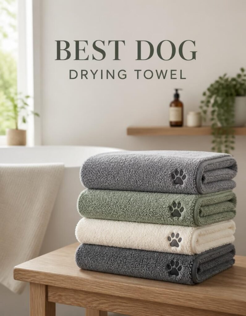 Folded dog drying towels with paw print detail stacked on a table