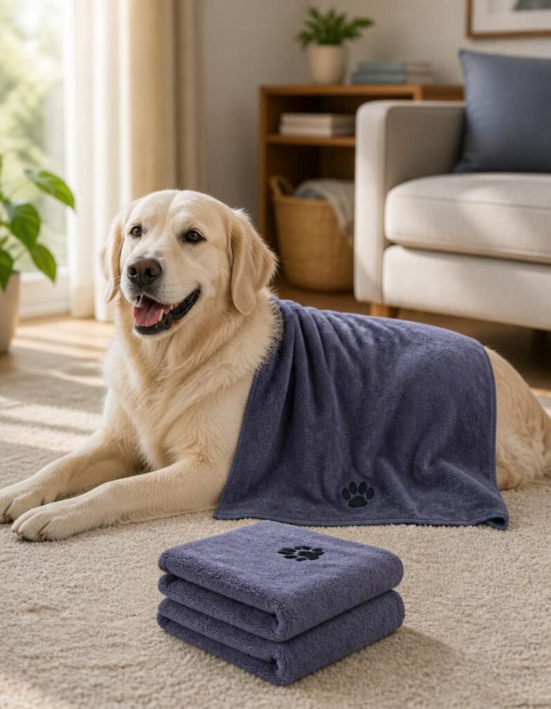 WOUSEDO microfiber dog towel draped over a golden retriever with a folded second towel beside it
